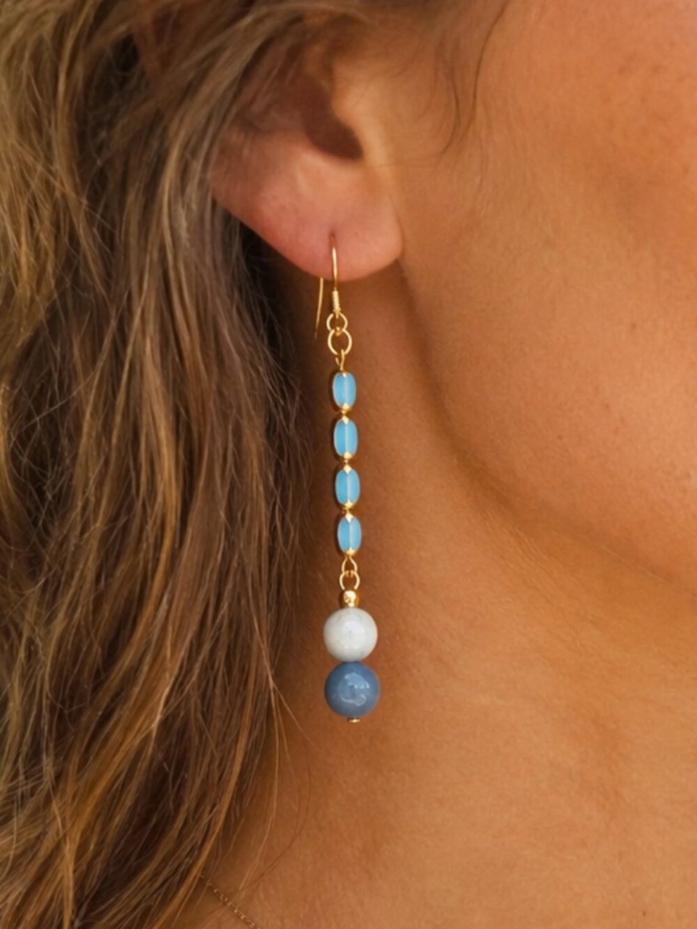 Porcelain & Aventurine Dangle Earrings – Coastal Grandmother, Boho Gold Jewelry - Picture 1 of 12